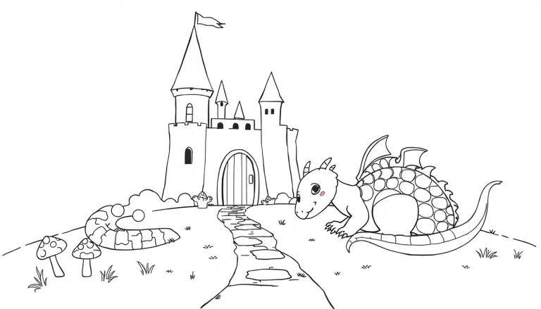 Placa de color: un castillo de fantasía con un dragón amigable y un camino con una oruga.