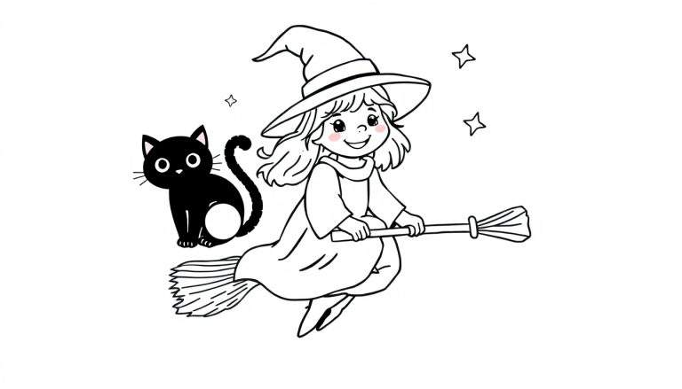 Placa de color de una brujita amigable volando en su escoba con un gato negro y estrellas.