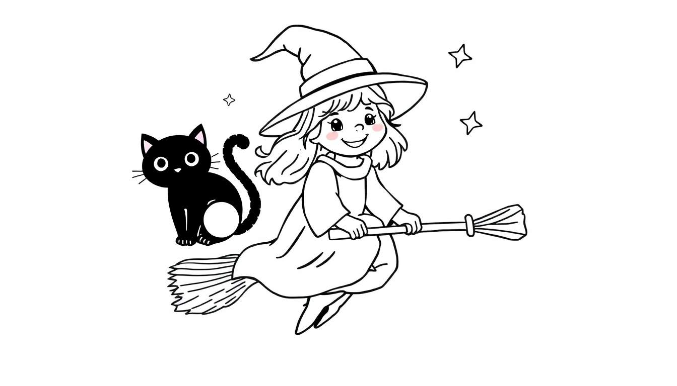 Placa de color de una brujita amigable volando en su escoba con un gato negro y estrellas.