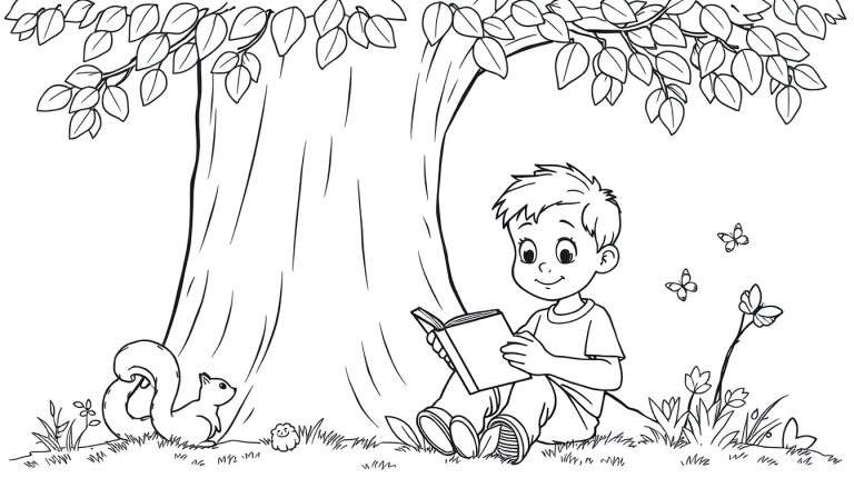 Placa de color de un niño leyendo un libro bajo un árbol con una ardilla y mariposas.