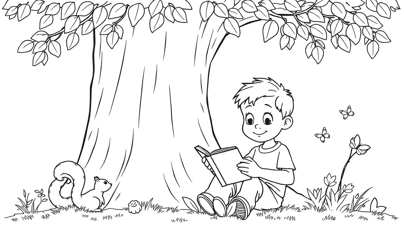 Placa de color de un niño leyendo un libro bajo un árbol con una ardilla y mariposas.