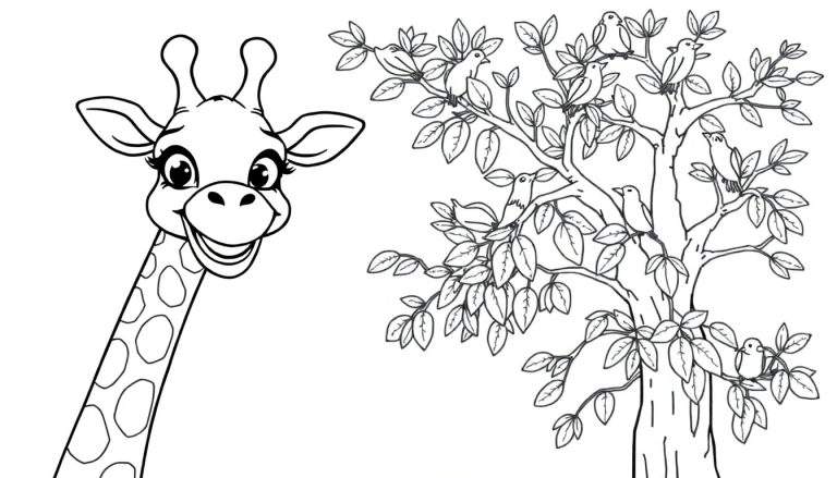 Una jirafa sonriente lista para colorear con un árbol y pájaros.