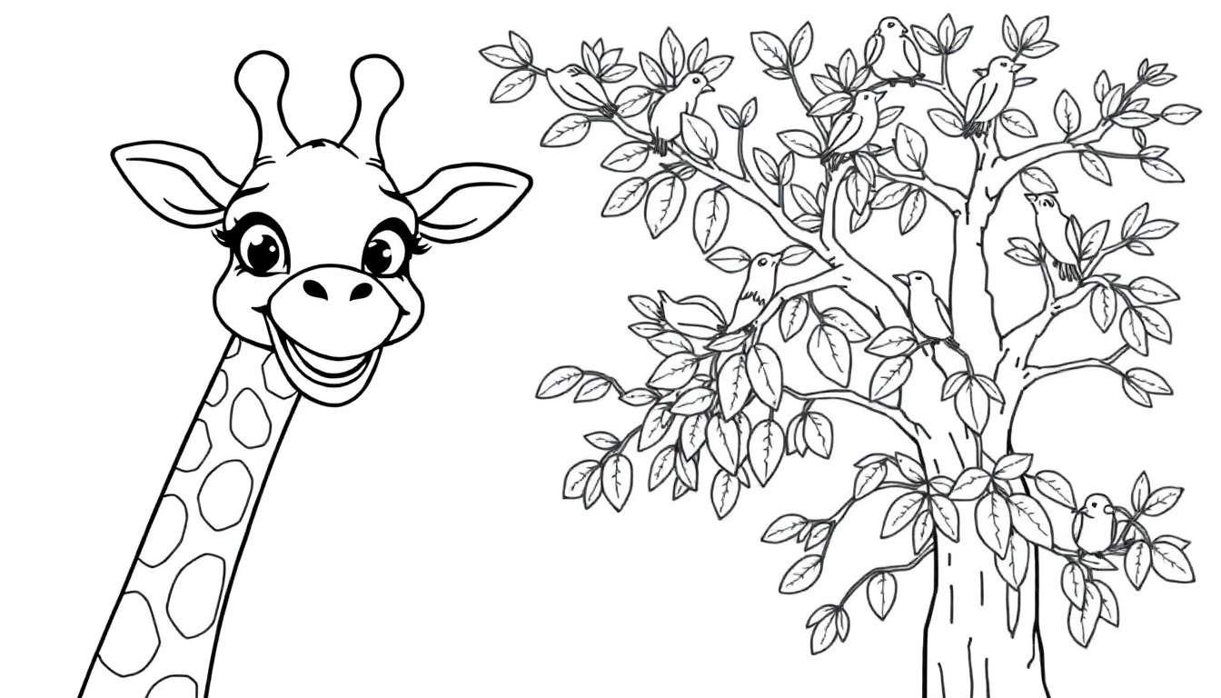 Una jirafa sonriente lista para colorear con un árbol y pájaros.