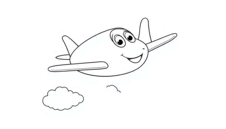 Un avión de dibujos animados amigable para colorear, con una placa de color, volando entre nubes.