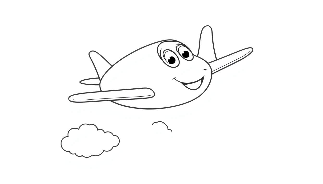Un avión de dibujos animados amigable para colorear, con una placa de color, volando entre nubes.