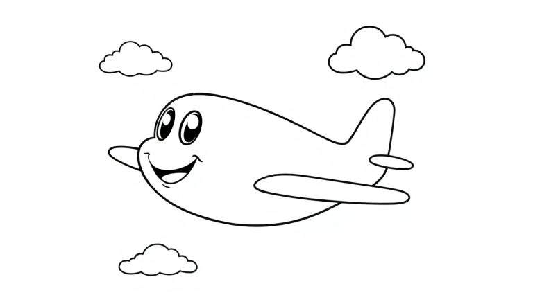 Un avión de dibujos animados sonriente en blanco y negro con alas extendidas y nubes, listo para ser coloreado en la placa de color.