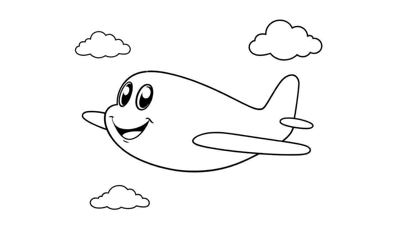 Un avión de dibujos animados sonriente en blanco y negro con alas extendidas y nubes, listo para ser coloreado en la placa de color.