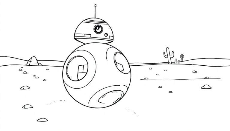 Placa de color de BB-8 rodando en un desierto.