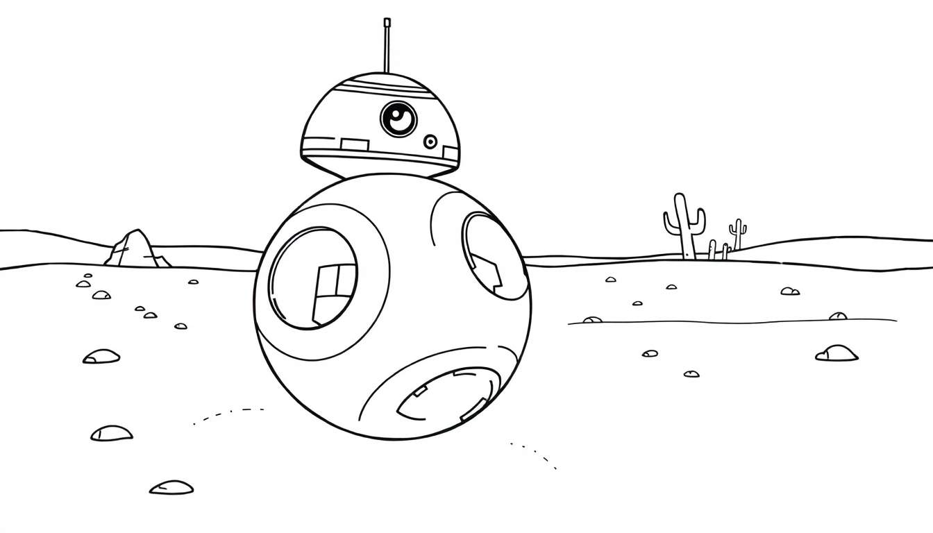 Placa de color de BB-8 rodando en un desierto.