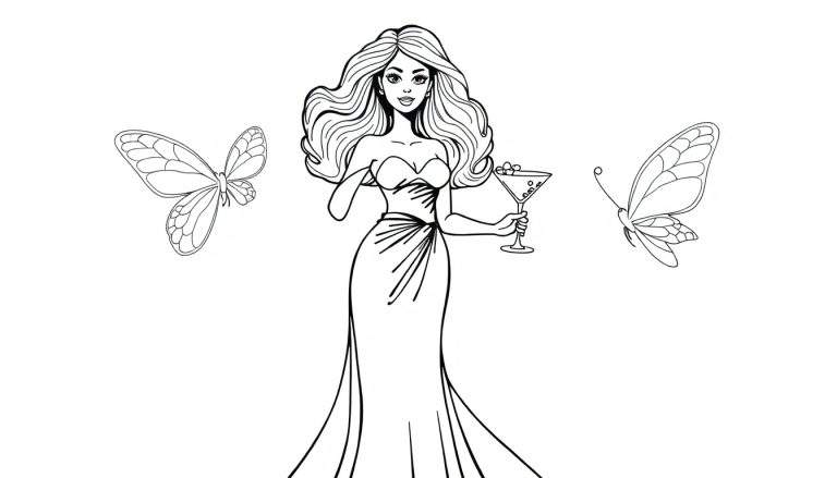 Ilustración de Barbie lista para colorear, con mariposas, en estilo de placa de color.