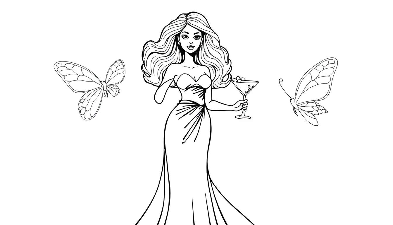 Ilustración de Barbie lista para colorear, con mariposas, en estilo de placa de color.