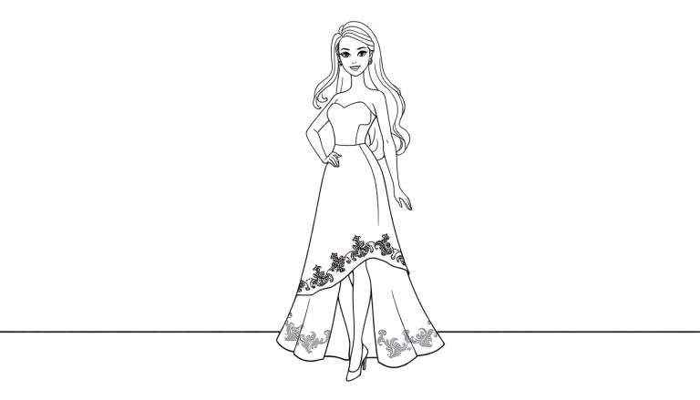 Placa de color de Barbie lista para el desfile de moda con un vestido elegante.