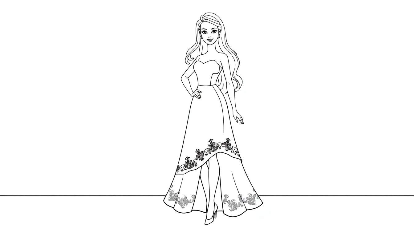 Placa de color de Barbie lista para el desfile de moda con un vestido elegante.