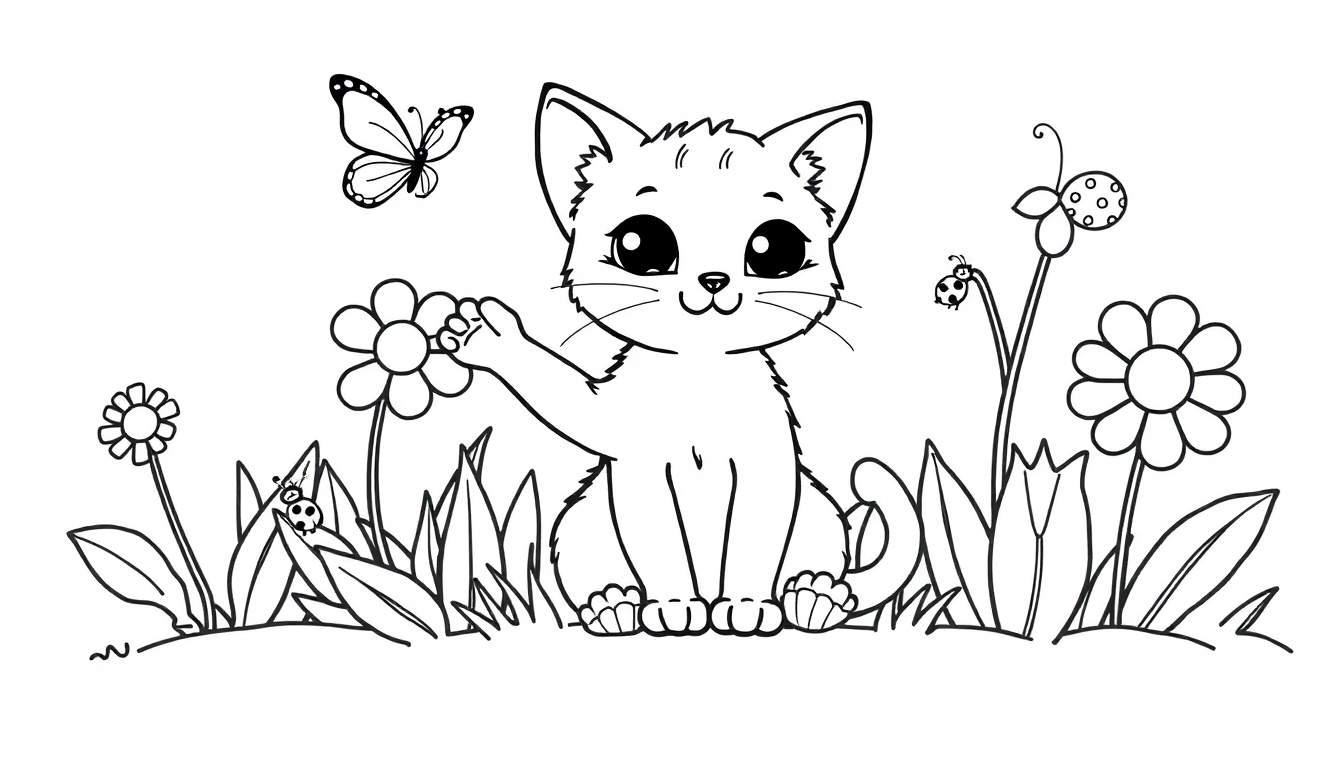 Bella la gatita en un jardín para colorear, con flores, una mariposa y mariquitas.