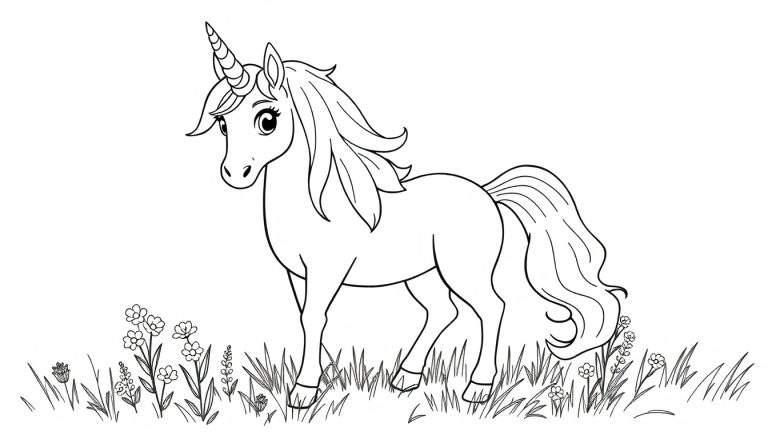 Placa de color de un unicornio en un campo de flores