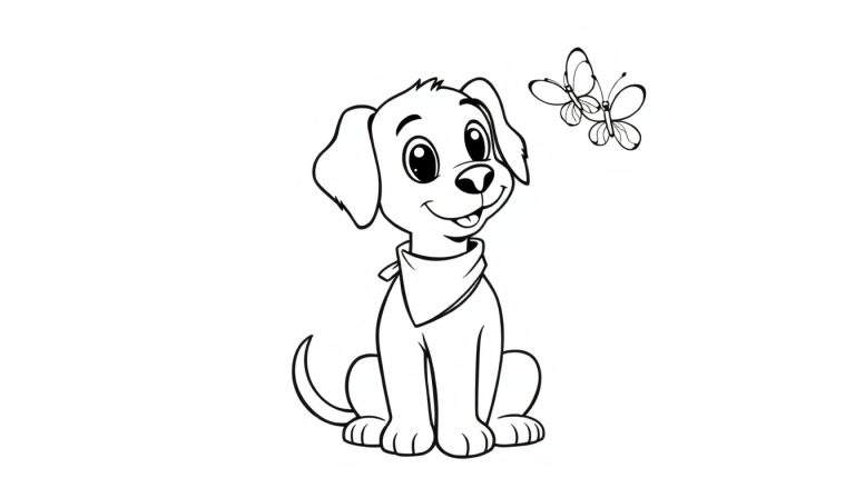 Bentley el perro de dibujos animados con pañuelo, una placa de color para colorear, con mariposas volando cerca.