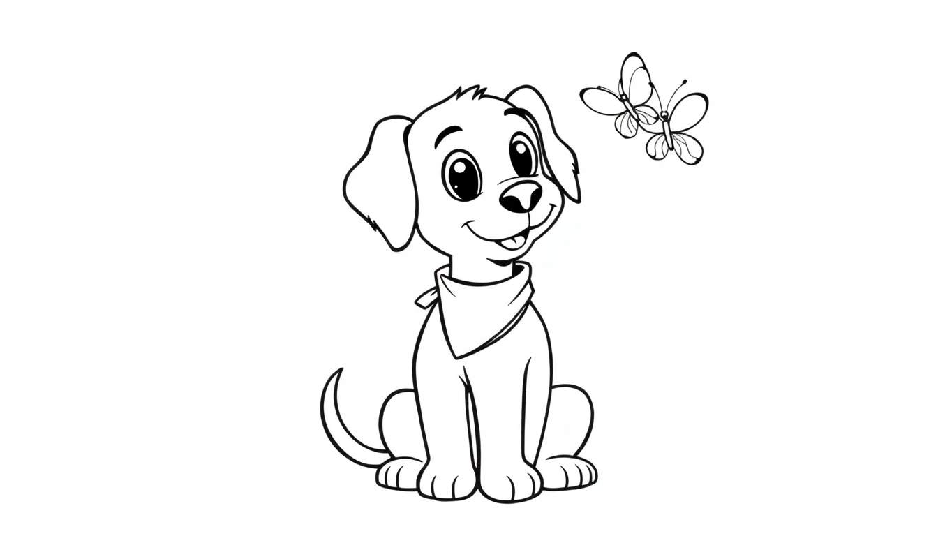 Bentley el perro de dibujos animados con pañuelo, una placa de color para colorear, con mariposas volando cerca.