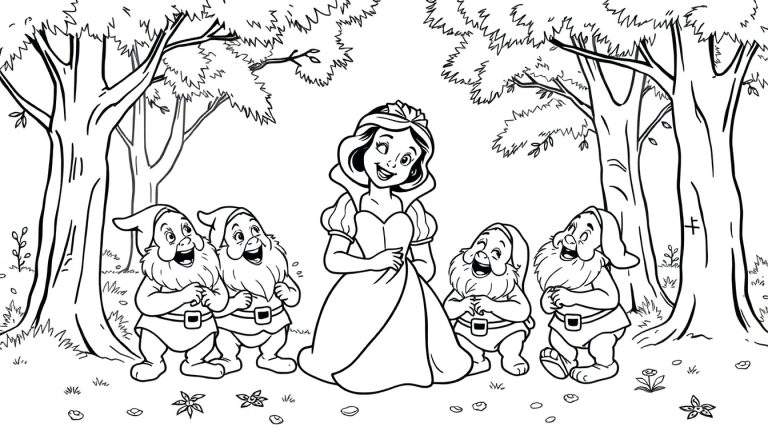 Placa de color de Blancanieves y los siete enanitos riendo en el bosque.