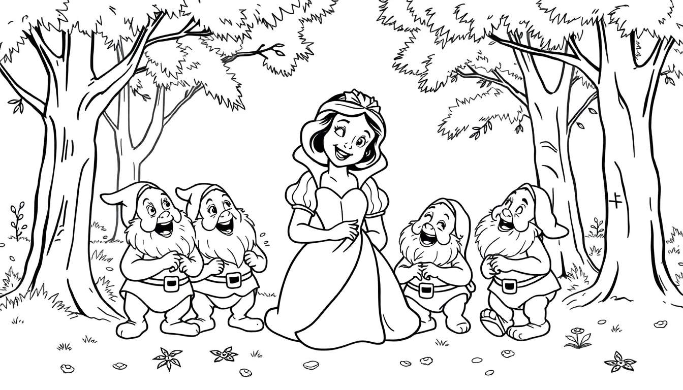 Placa de color de Blancanieves y los siete enanitos riendo en el bosque.