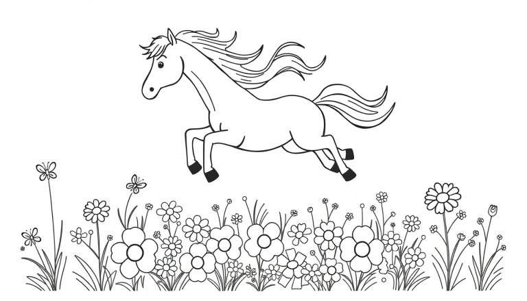 Placa de color de un caballo galopando sobre flores.