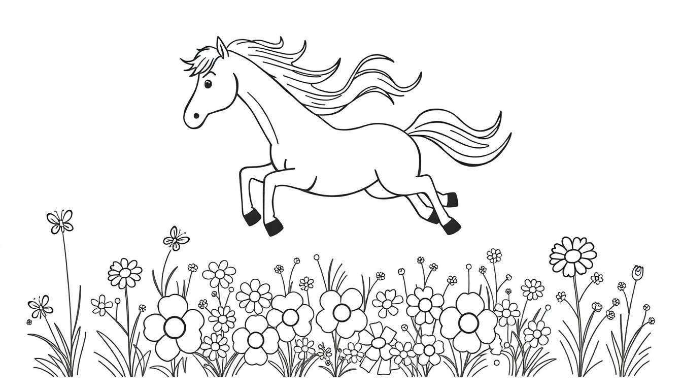 Placa de color de un caballo galopando sobre flores.