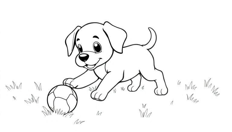 Placa de color de un cachorrito jugando con una pelota.