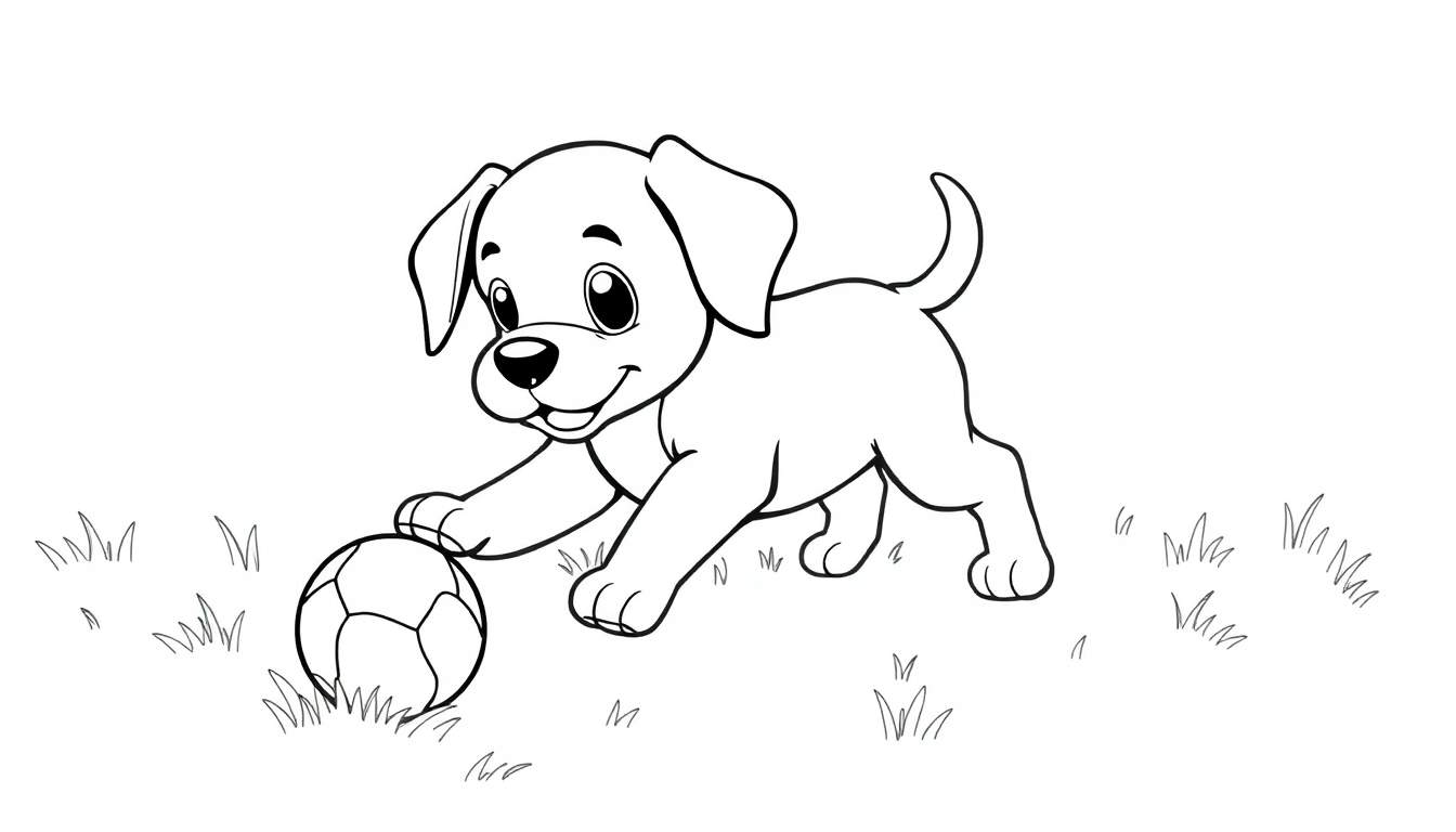 Placa de color de un cachorrito jugando con una pelota.