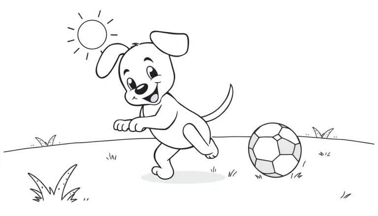 Placa de color: un cachorro alegre persiguiendo una pelota de fútbol en un día soleado.