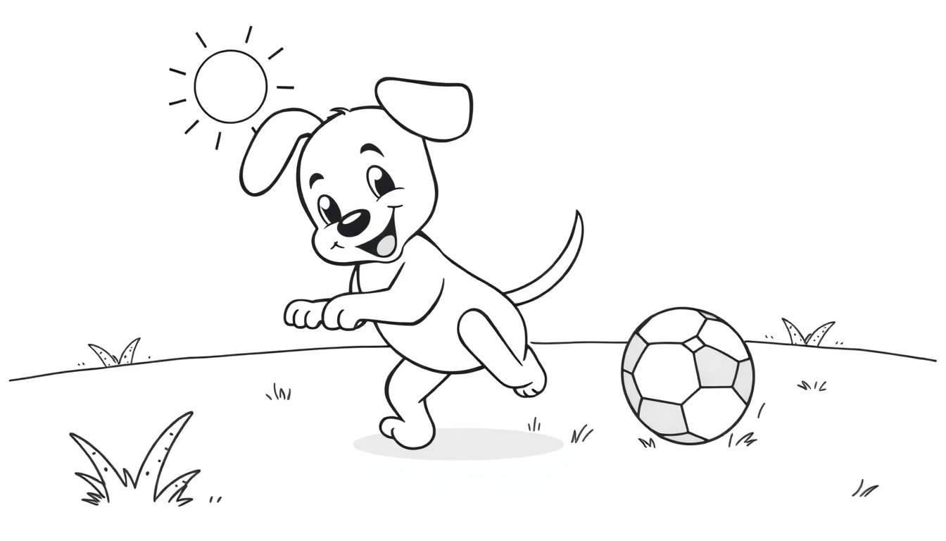 Placa de color: un cachorro alegre persiguiendo una pelota de fútbol en un día soleado.