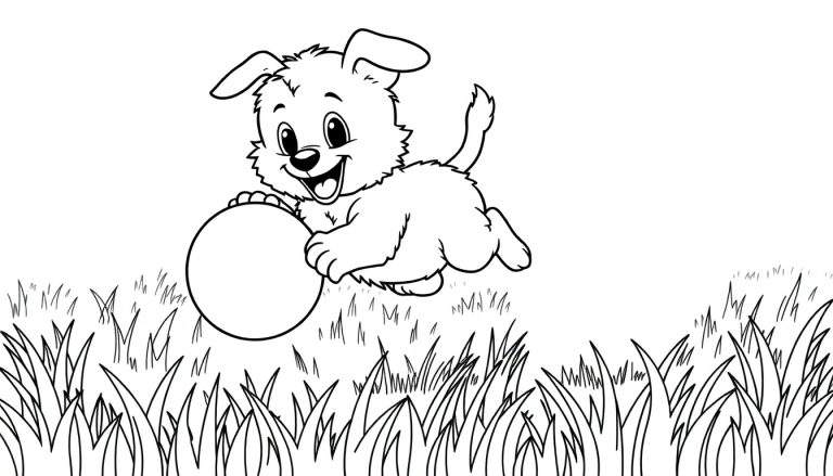 Un cachorro juguetón en blanco y negro listo para colorear, saltando sobre hierba con una pelota.