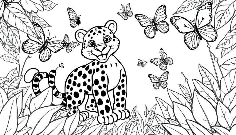 Cachorro de jaguar sonriente rodeado de mariposas y vegetación, listo para colorear en esta placa de color.