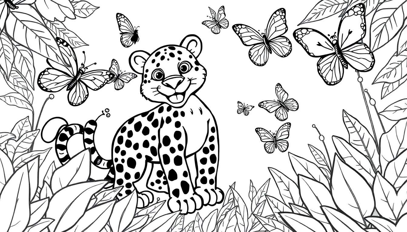 Cachorro de jaguar sonriente rodeado de mariposas y vegetación, listo para colorear en esta placa de color.