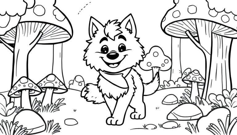 Placa de color de un cachorro de lobo sonriente en un bosque con setas.