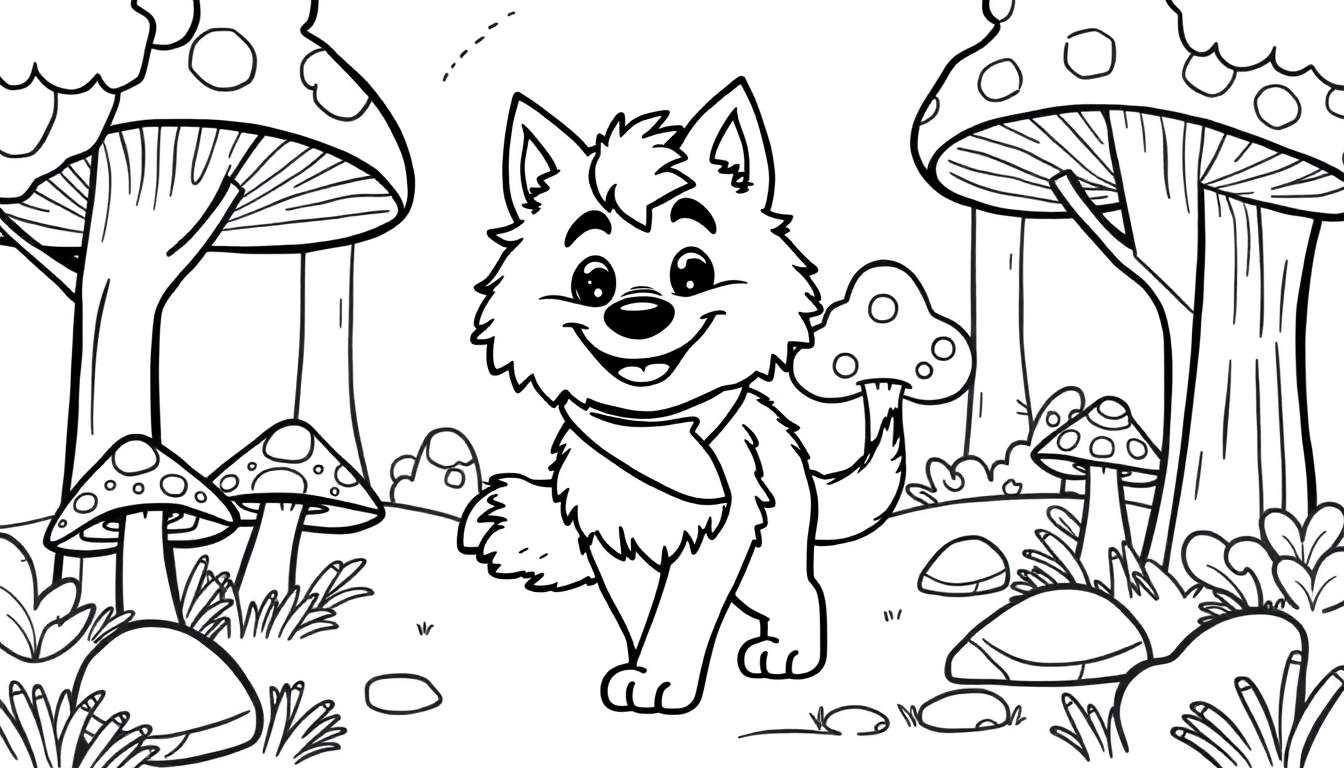 Placa de color de un cachorro de lobo sonriente en un bosque con setas.