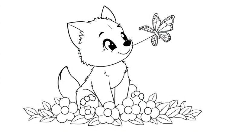 Un lindo cachorro sentado en una placa de color con flores y una mariposa.
