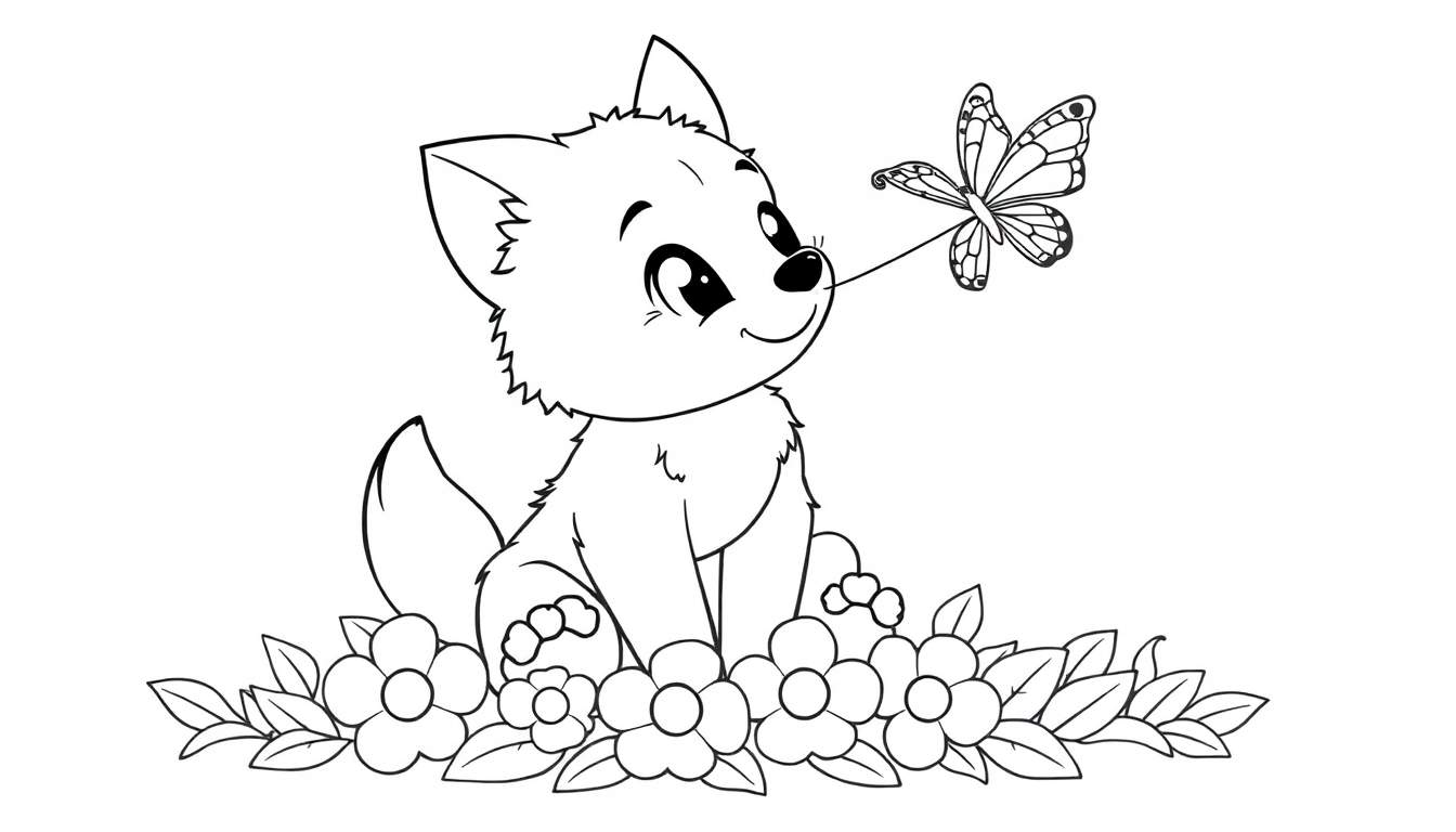 Un lindo cachorro sentado en una placa de color con flores y una mariposa.