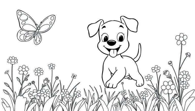 Placa de color de un cachorro juguetón persiguiendo una mariposa en un campo de flores.
