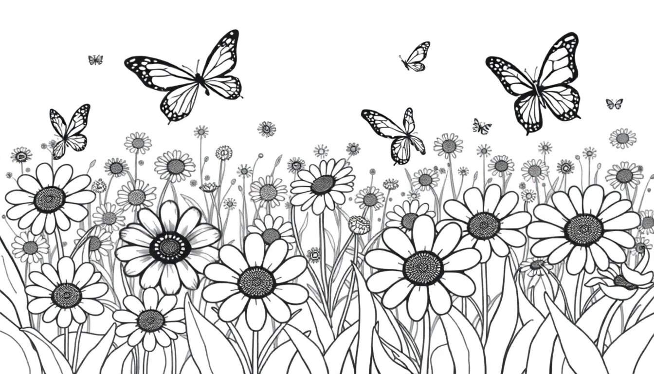 Dibujo de una placa de color de un campo de flores con mariposas.