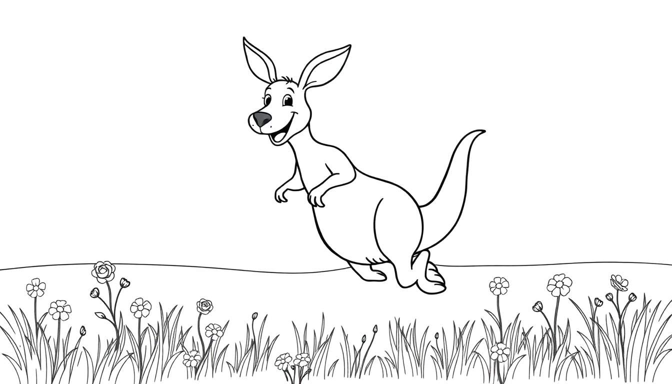 Placa de color de un canguro de dibujos animados sonriendo en un campo de flores.
