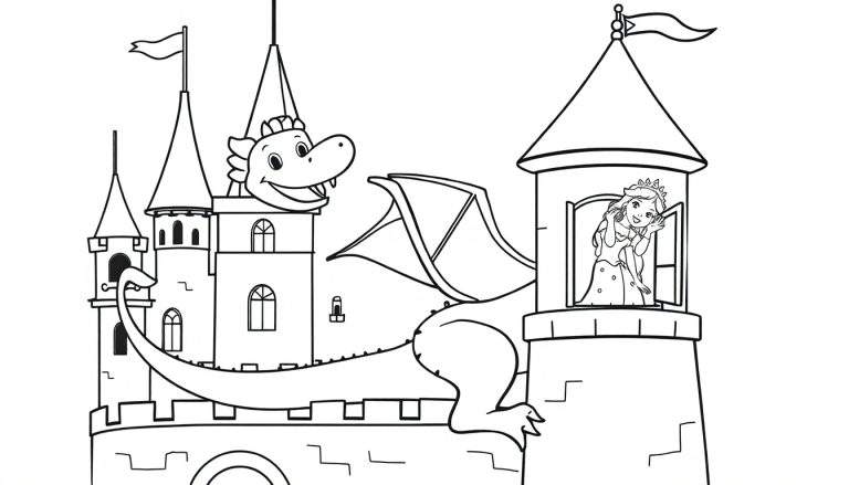 Página para colorear de un castillo de cuento de hadas con un dragón amigable y una princesa en la ventana, en blanco y negro.