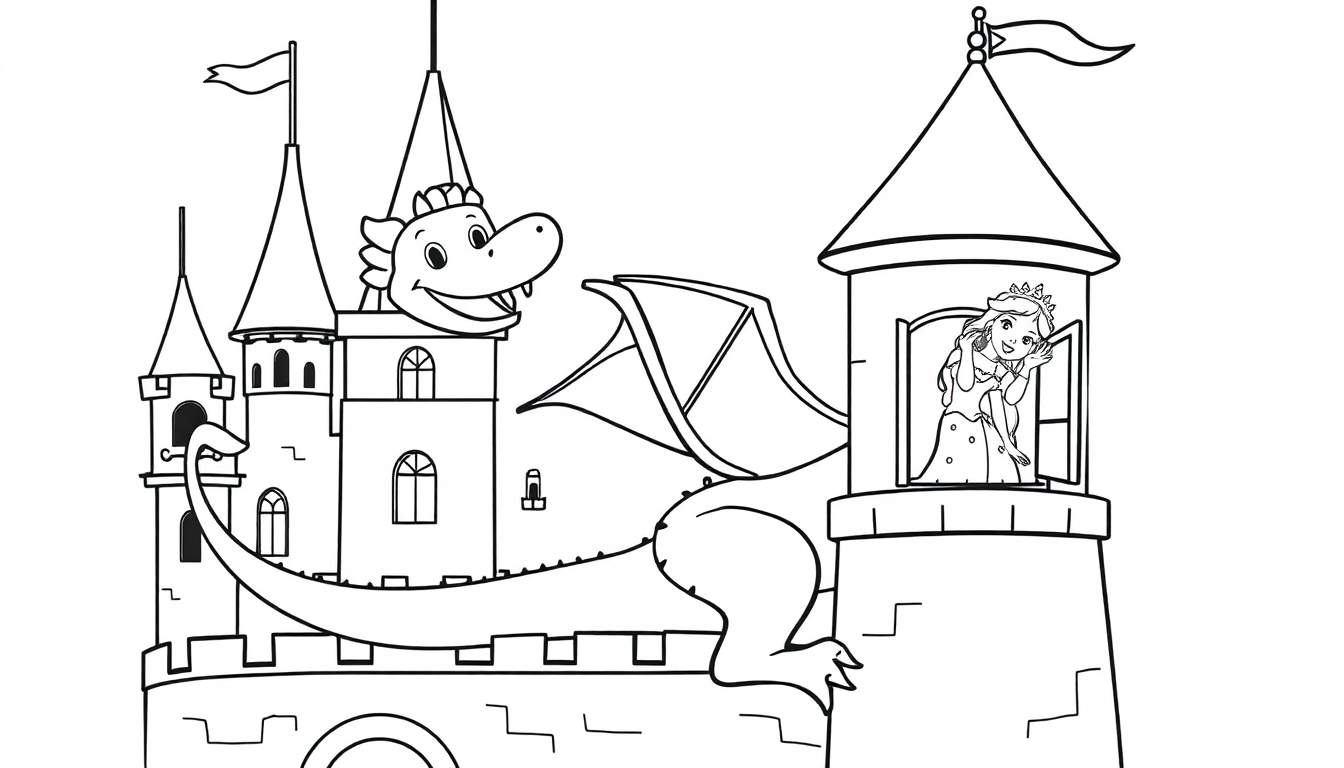 Página para colorear de un castillo de cuento de hadas con un dragón amigable y una princesa en la ventana, en blanco y negro.