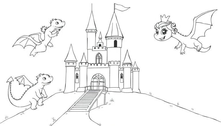 Página para colorear de una placa de color con un castillo de cuento de hadas y dragones sonrientes.