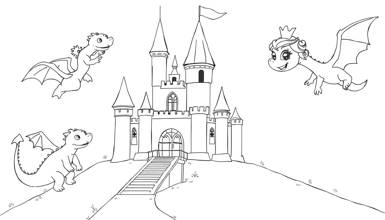 Página para colorear de una placa de color con un castillo de cuento de hadas y dragones sonrientes.