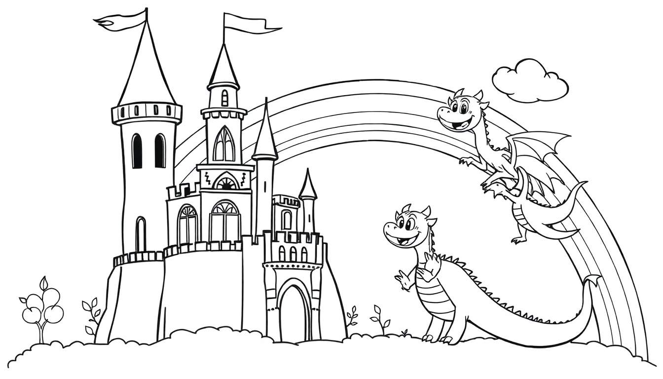 Placa de color de un castillo mágico con dragones y arcoíris.