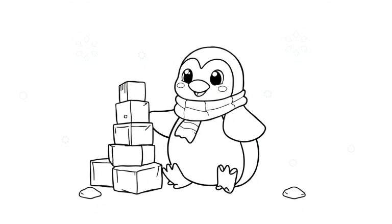 Placa de color para colorear: pingüino amigable con bufanda junto a torre de bloques.