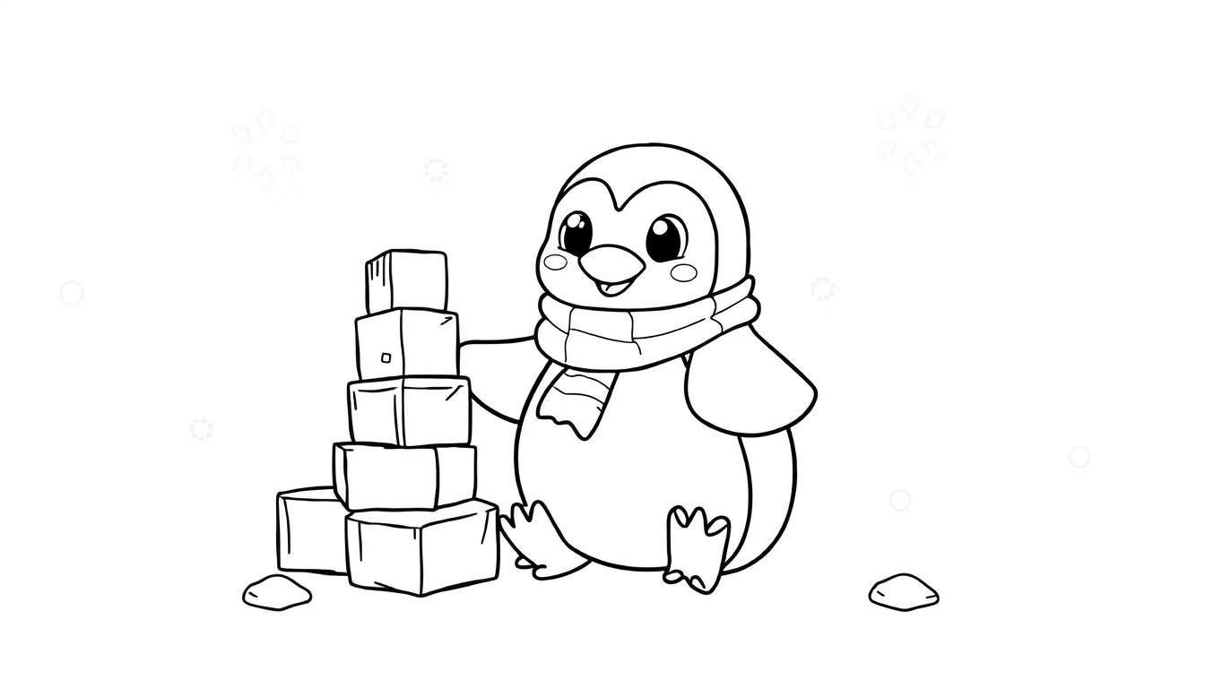 Placa de color para colorear: pingüino amigable con bufanda junto a torre de bloques.