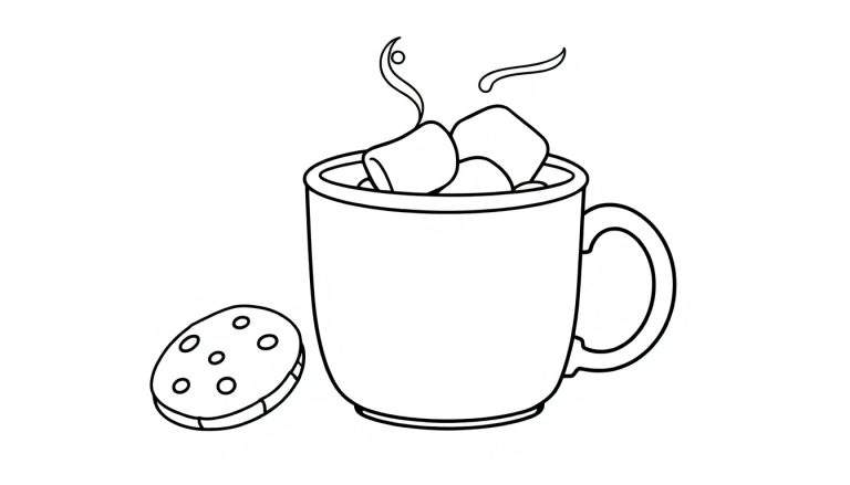 Una placa de color de una taza de chocolate caliente con malvaviscos y una galleta.