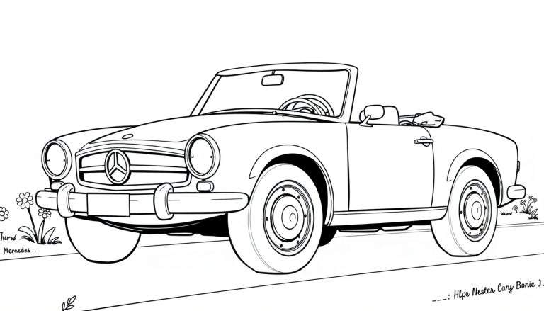 Un dibujo lineal de un coche convertible clásico de estilo vintage, listo para ser coloreado, sobre una placa de color blanco.