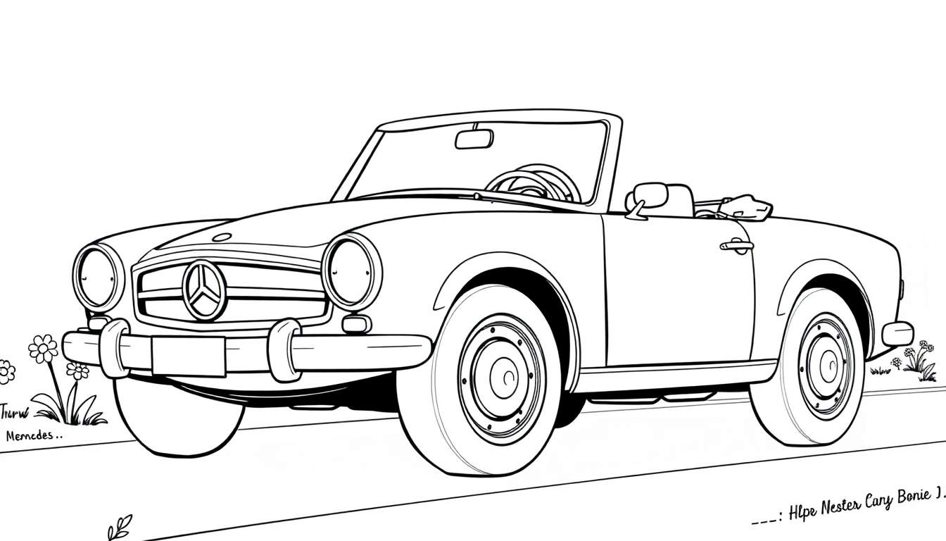 Un dibujo lineal de un coche convertible clásico de estilo vintage, listo para ser coloreado, sobre una placa de color blanco.