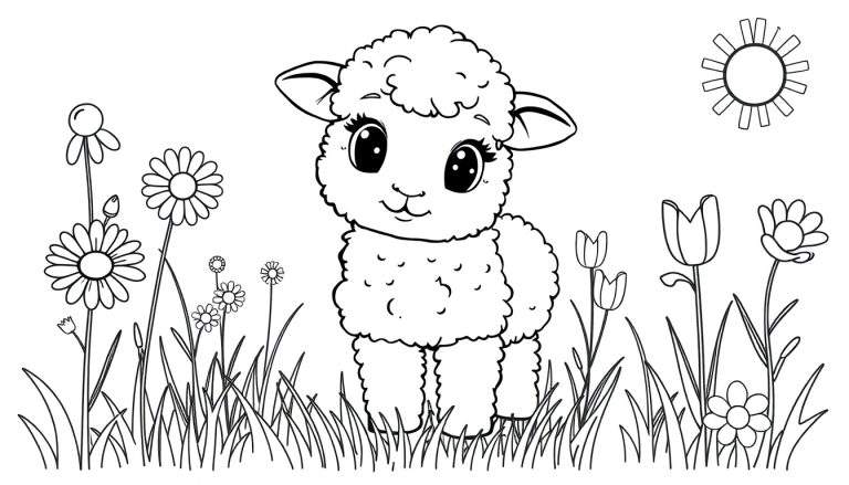 Una placa de color de un corderito adorable en un campo de flores.